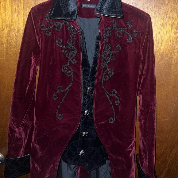 Devil Fashion Romantic Red Velvet Victorian Embroidered Steampunk Goth Jacket - Picture 8 of 9